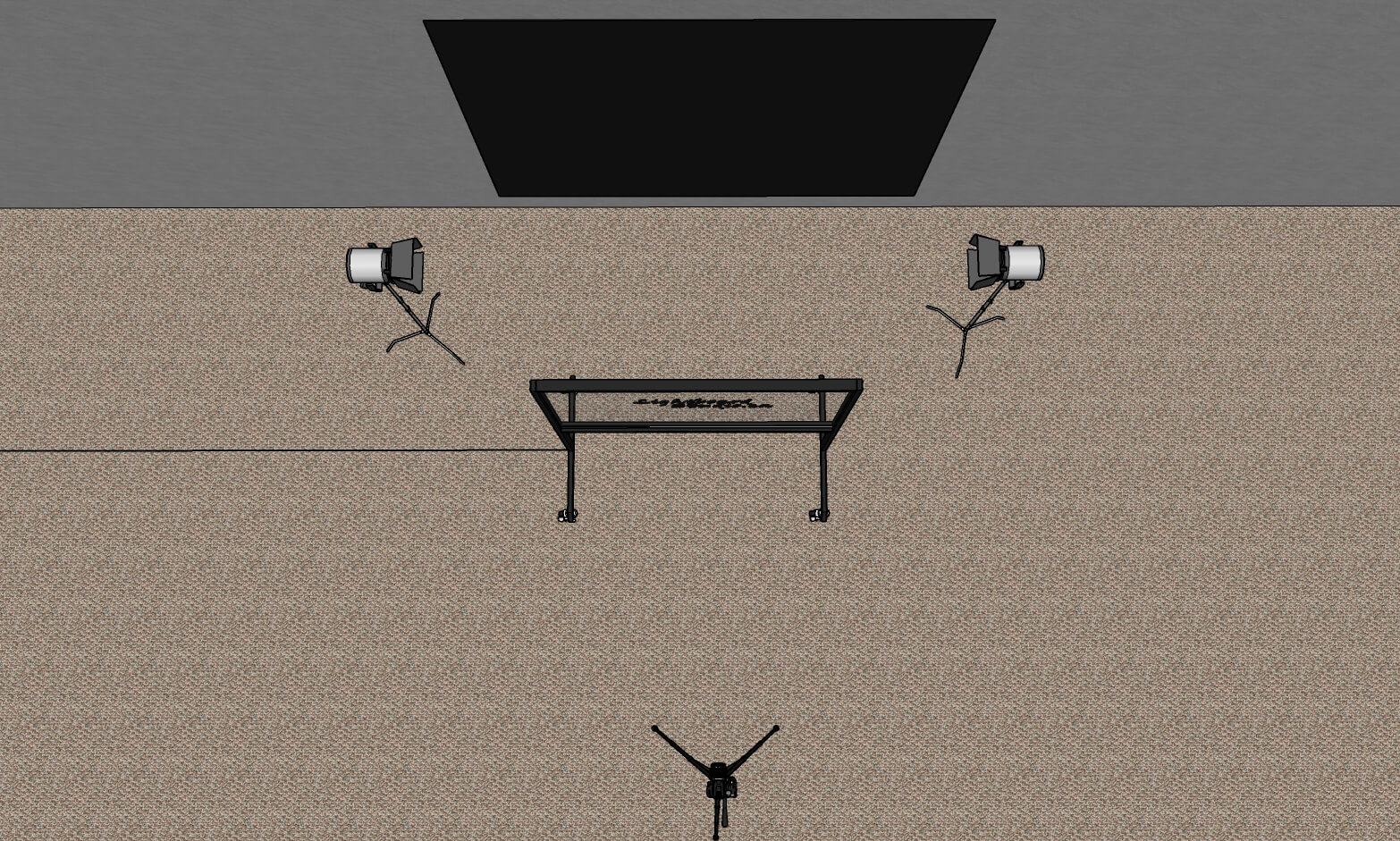 Aerial view of a Lightboard studio: backdrop along the back wall, a studio light angled in from each side, the board centred, and the camera facing it head-on