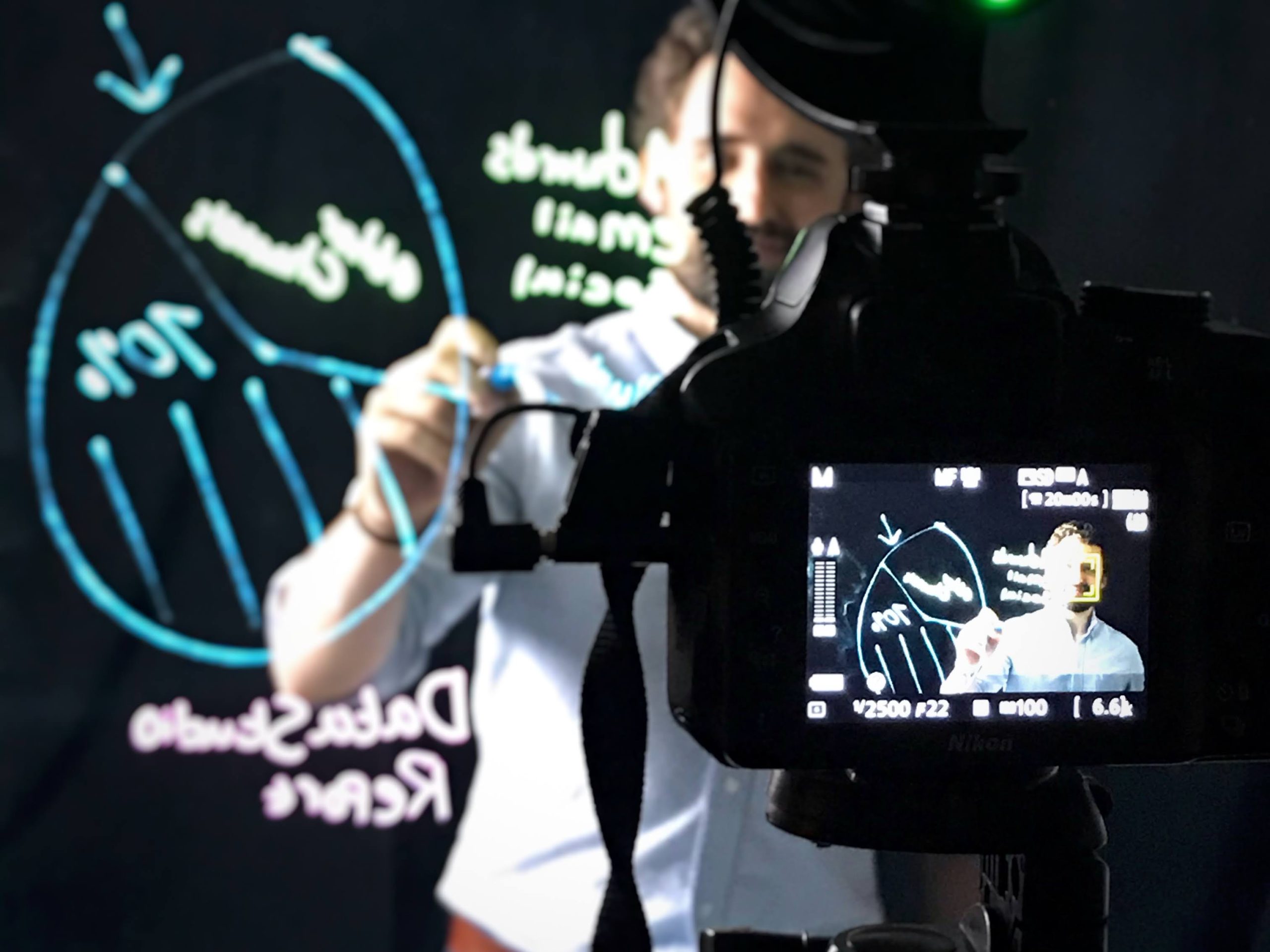 Filming a Lightboard video, with the presenter writing glowing notes while the camera records through the glass