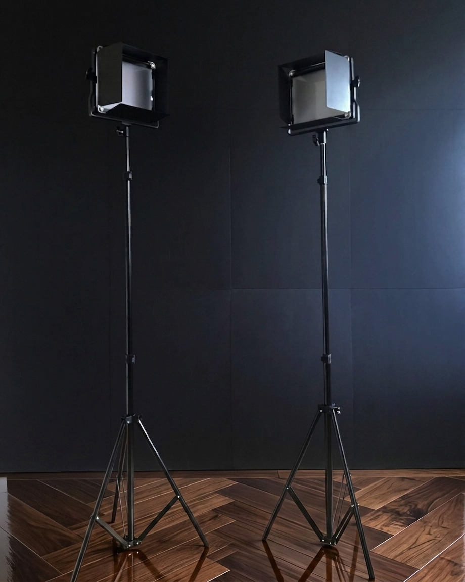 Neewer professional LED studio lights on adjustable tripod stands, included in every Studio Package