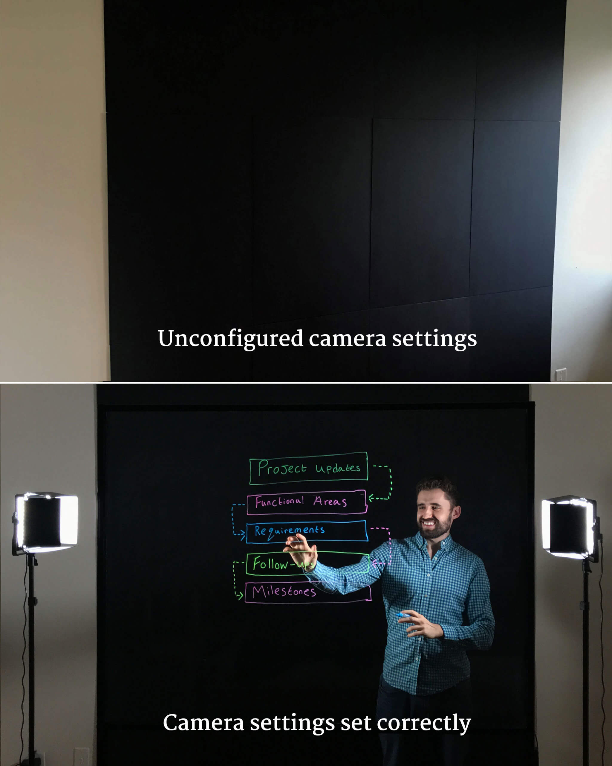 lightboard backdrop demonstration with backdrop in normal light conditions above and backdrop invisible with correct camera settings on bottom